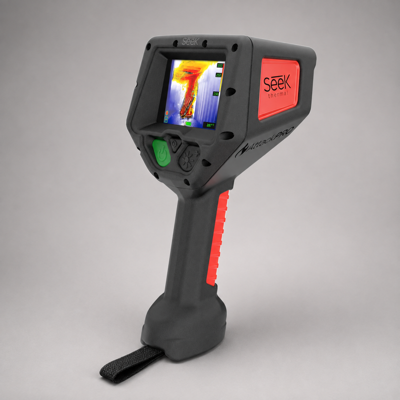 Angled front view of Seek AttackPRO 300 firefighter thermal imaging camera with display and controls