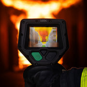 Seek AttackPRO 300 firefighter thermal imaging camera showing a thermal view of fireground conditions