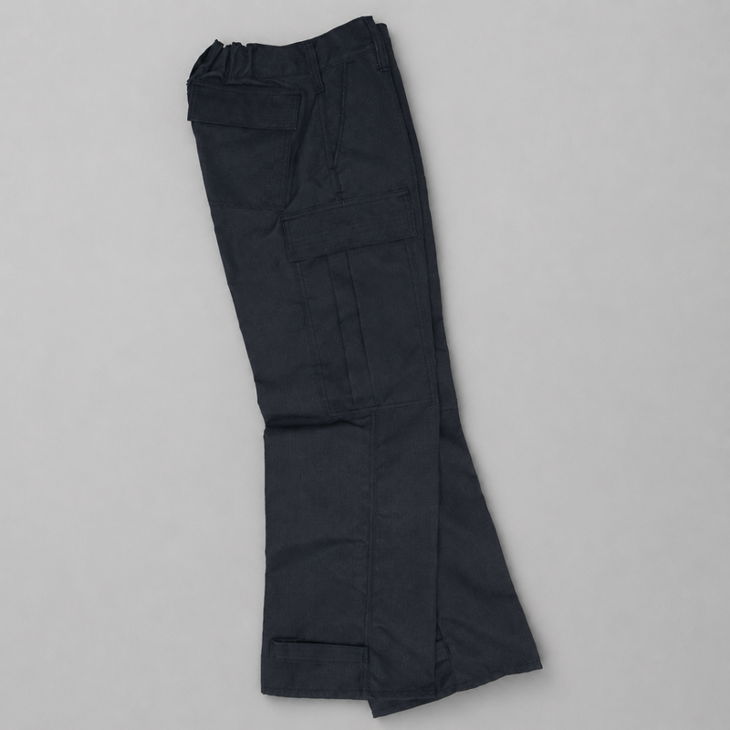 A pair of navy gray cargo pants with a wide, flared leg, laid flat on a light gray background.