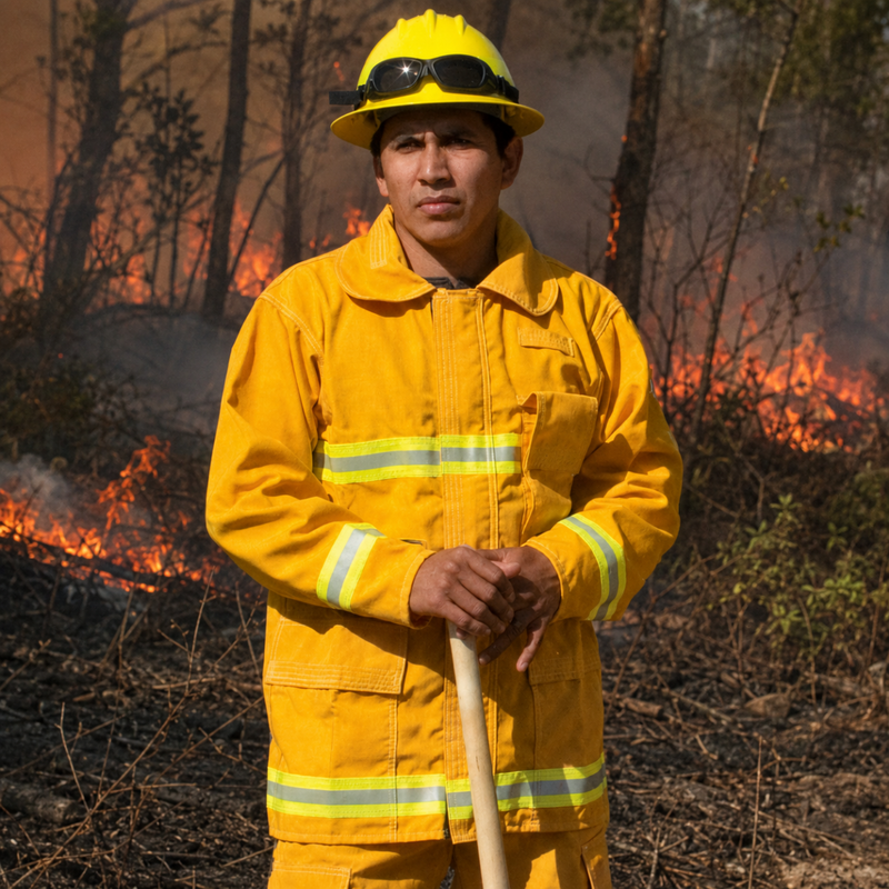 Wildland firefighter wearing Strike Team Nomex brush coat with reflective trim during fire operations