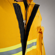 Close-up of zipper and storm flap on Strike Team Tecasafe Plus wildland firefighting brush coat