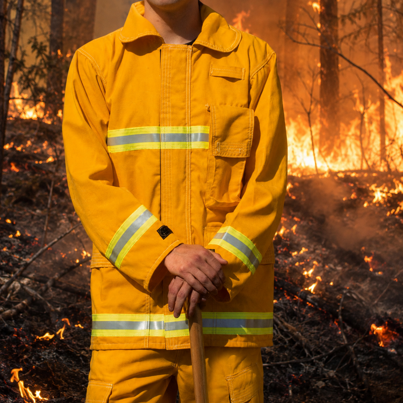 Wildland firefighter wearing Strike Team Tecasafe Plus brush coat with reflective trim during fire operations