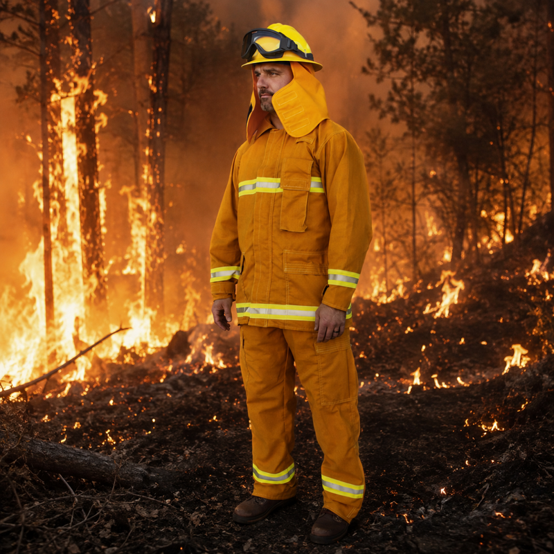 A firefighter in a bright yellow turnout jacket, pants, and helmet with goggles stands in a forest fire scene with flames and smoke in the background.