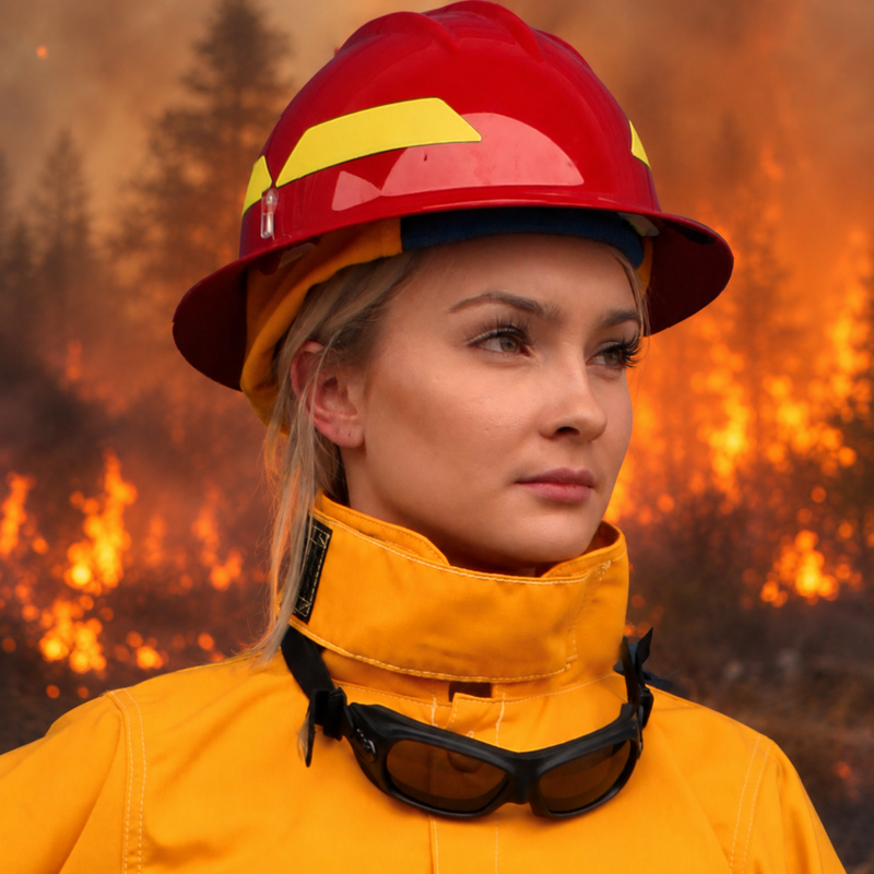 A woman in a red firefighter helmet and bright yellow turnout jacket stands in front of a burning forest, with smoke and fire visible in the background. Black protective goggles hang around her neck.