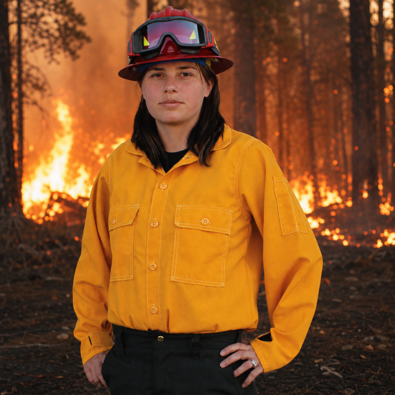 A woman wearing a red firefighter helmet with goggles and a bright yellow fire-resistant shirt stands in front of a forest fire with flames and smoke in the background.