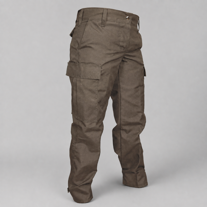 A pair of khaki cargo pants shown from the back, featuring a high waist, belt loops, and large cargo pockets, photographed against a neutral gray background.