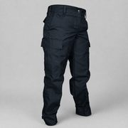 Dark navy cargo pants shown from the back on a light gray studio background.