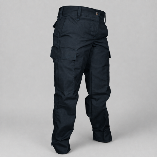 Dark navy cargo pants shown from the back on a light gray studio background.