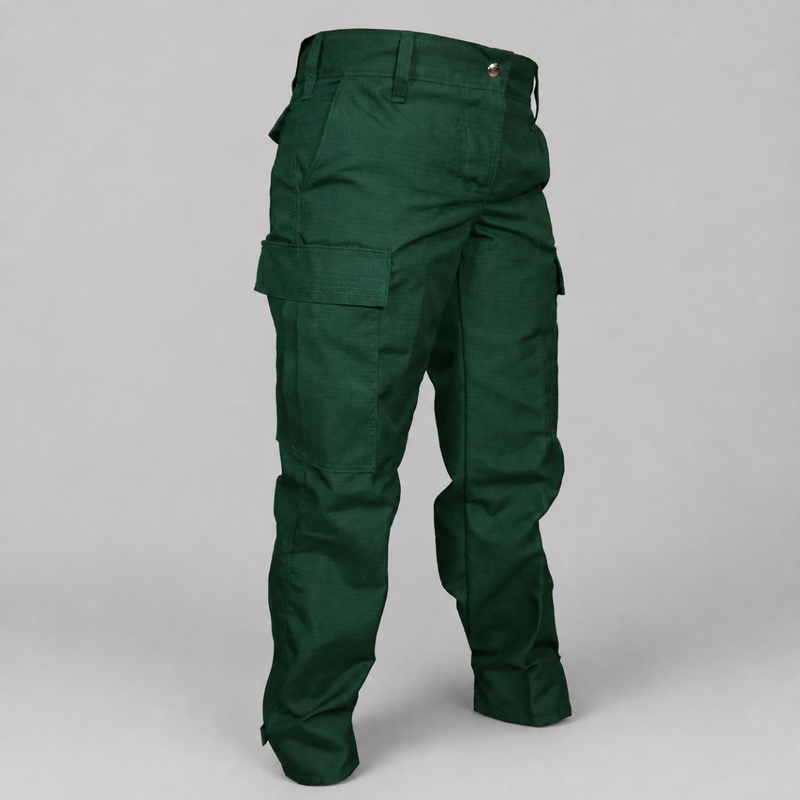 Spruce green tactical cargo pants shown from the back on a light gray studio background.