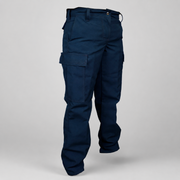 A pair of dark navy blue cargo pants shown on an invisible mannequin against a light gray studio background.