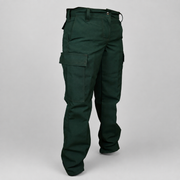 Spruce green cargo pants displayed on a headless mannequin against a neutral gray background.