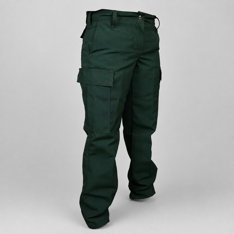 Spruce green cargo pants displayed on a headless mannequin against a neutral gray background.