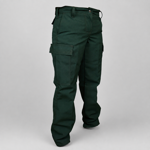 Spruce green cargo pants displayed on a headless mannequin against a neutral gray background.