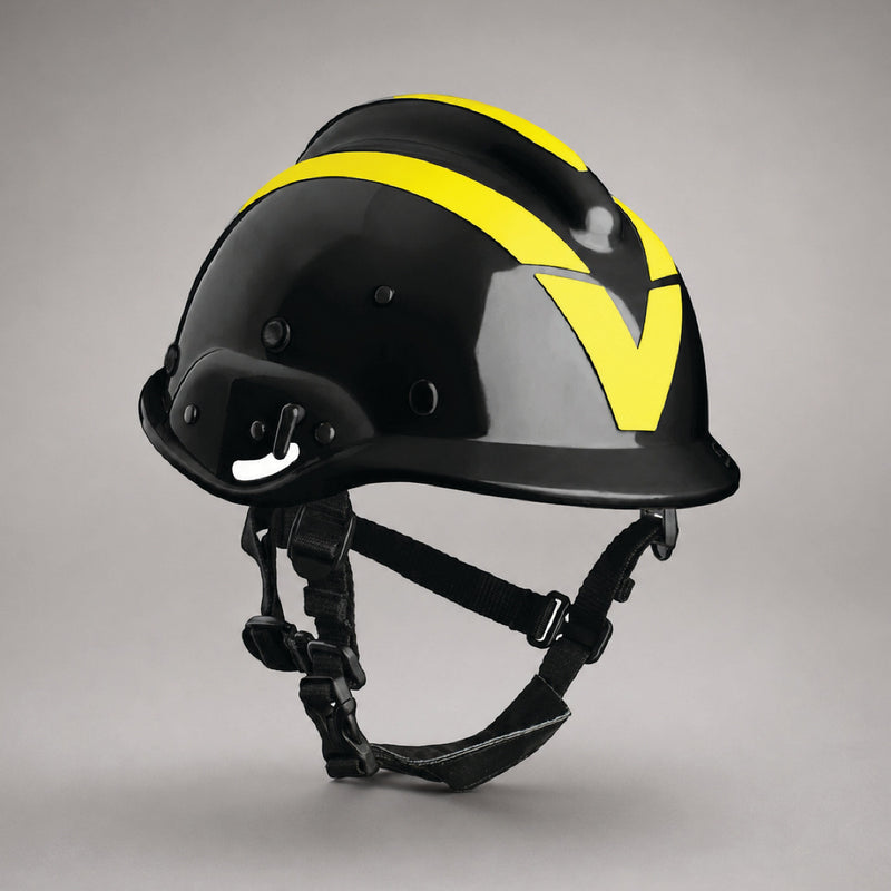 Black Vallfirest vft3 wildland firefighting helmet with reflective striping and adjustable chin strap