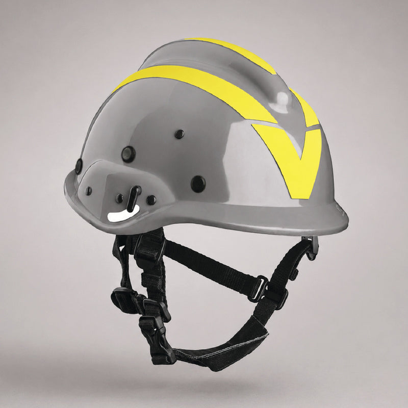 Gray Vallfirest vft3 wildland firefighting helmet with reflective striping and adjustable chin strap