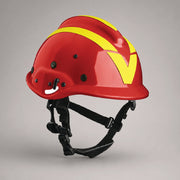 Red Vallfirest vft3 wildland firefighting helmet with reflective striping and adjustable chin strap