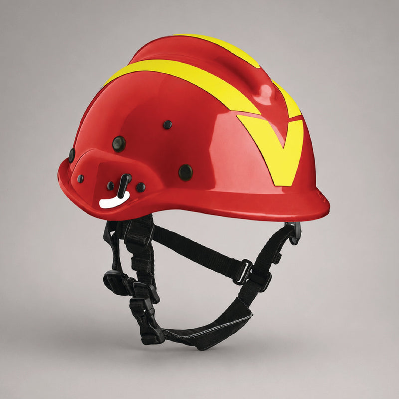 Red Vallfirest vft3 wildland firefighting helmet with reflective striping and adjustable chin strap