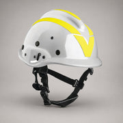 White Vallfirest vft3 wildland firefighting helmet with reflective striping and adjustable chin strap