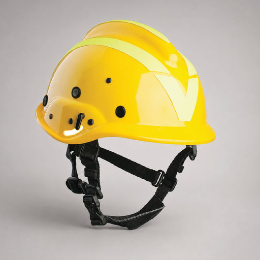 Yellow Vallfirest vft3 wildland firefighting helmet with reflective striping and adjustable chin strap