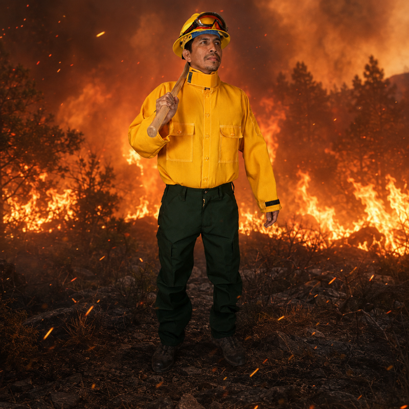 Wildland firefighter wearing a yellow fire shirt and green work pants while holding a hand tool in an active wildfire setting.