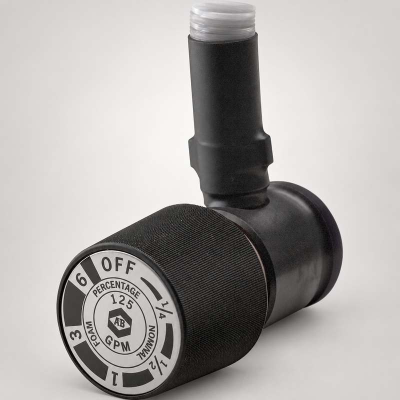 Akron Brass 3125 125 GPM in-line foam eductor metering dial close-up on soft gray studio background