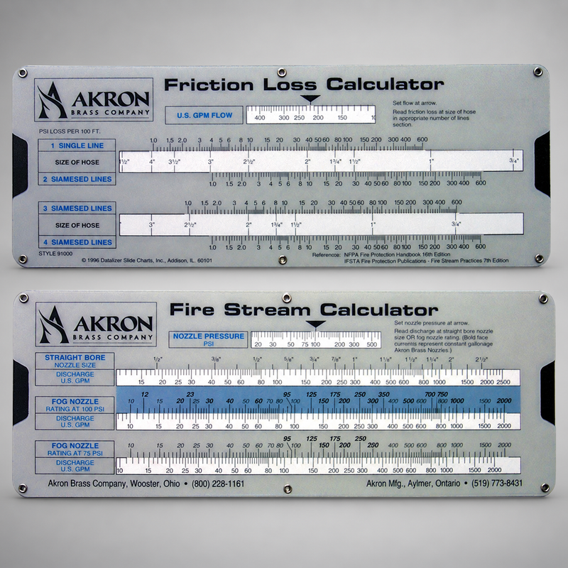 Front and back of Akron Brass Style 9100 slide calculator showing fire stream and friction loss scales