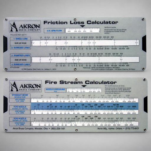 Front and back of Akron Brass Style 9100 slide calculator showing fire stream and friction loss scales