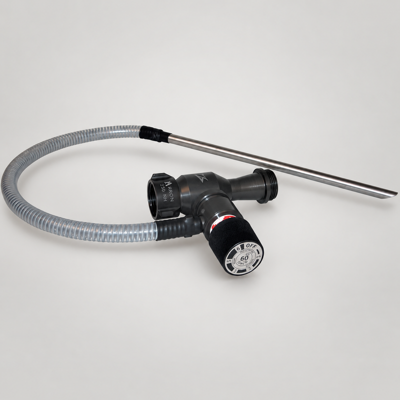 Akron Brass 3060 60 GPM Pyrolite in-line foam eductor with pickup hose and wand on soft gray studio background