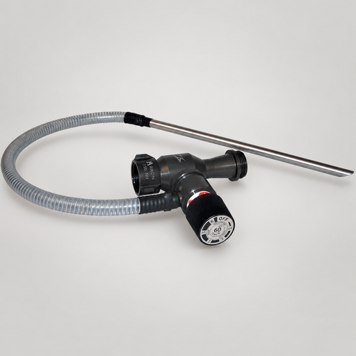 Akron Brass 3060 60 GPM Pyrolite in-line foam eductor with pickup hose and wand on soft gray studio background