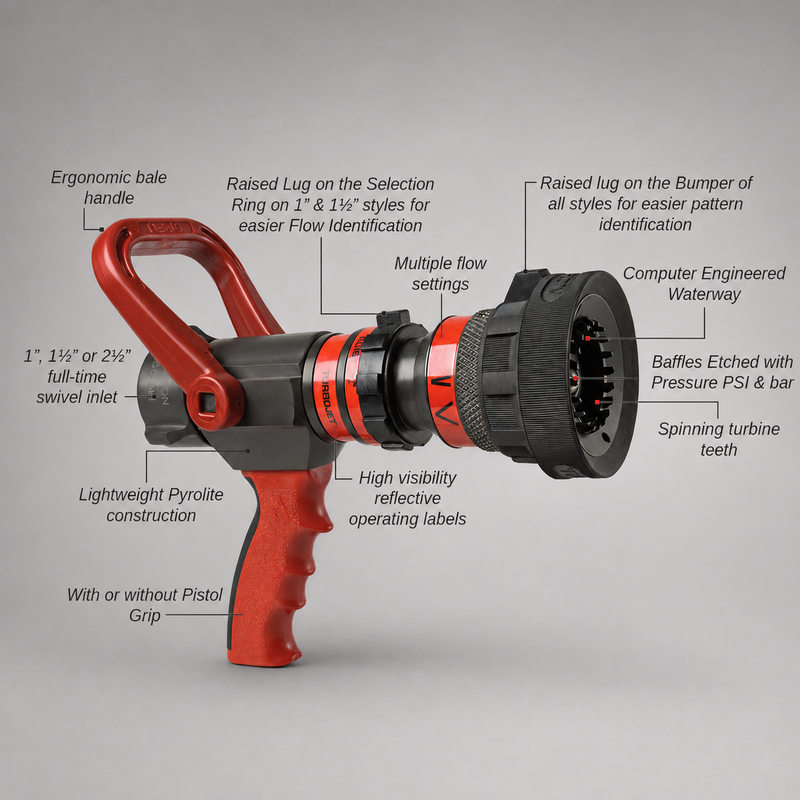 Annotated Akron Turbojet nozzle with red bail and pistol grip showing key operating features