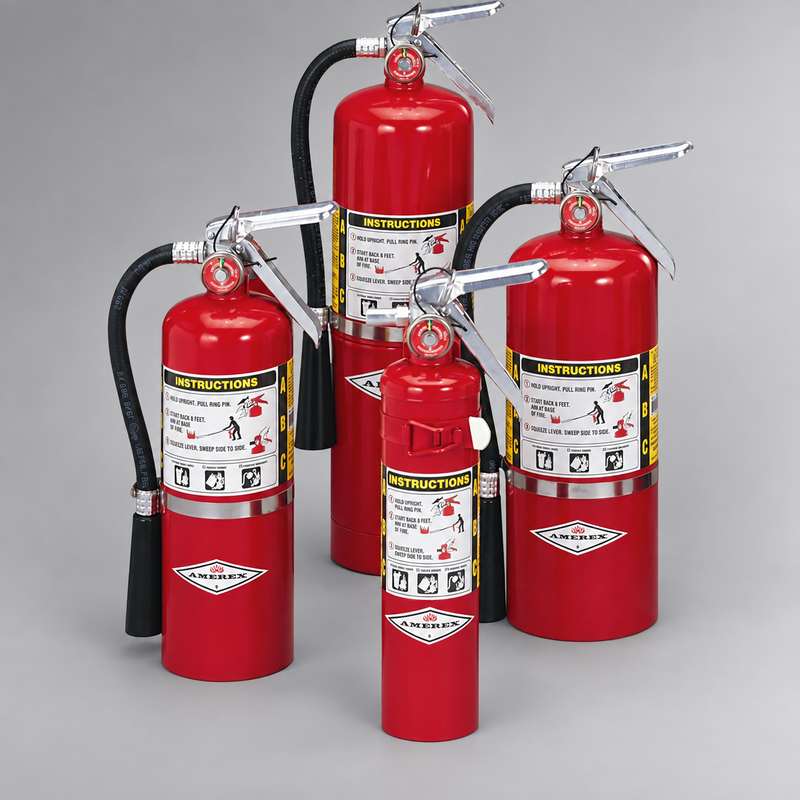 Amerex ABC dry chemical fire extinguishers in multiple portable sizes