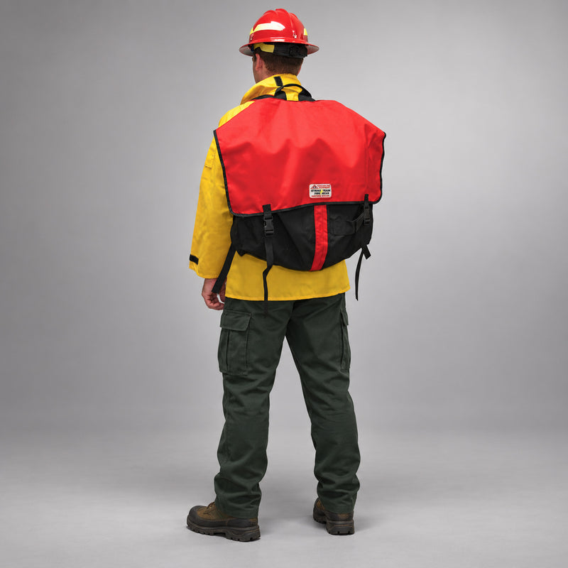Firefighter wearing the red Strike Team Applegate Hose Pack with black base, red center webbing and quick-release buckles.