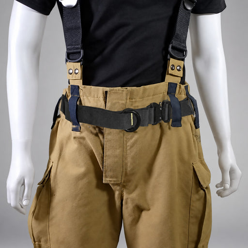 Fire Innovations Arapaho NFPA escape belt and Class II harness worn over turnout pants on a gray studio background