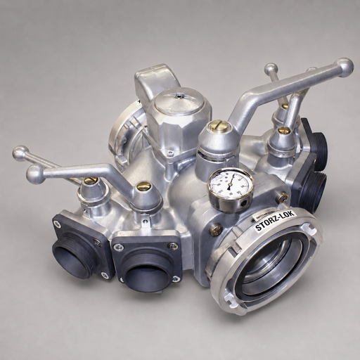 Harrington H400 five-way LDH manifold with four ball-valve outlets, gauge and relief valve.