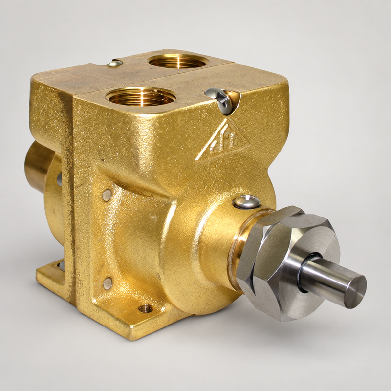 BE pump assembly reference view showing brass housing and shaft on soft gray background; replacement components sold individually