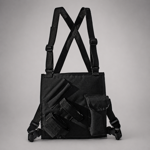 A black tactical shoulder bag with adjustable straps, a front utility pocket, and attached pouches, photographed against a neutral gray background.