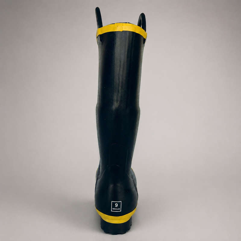 Rear view of Black Diamond 9451 rubber firefighter boot showing pull-on loops and heel
