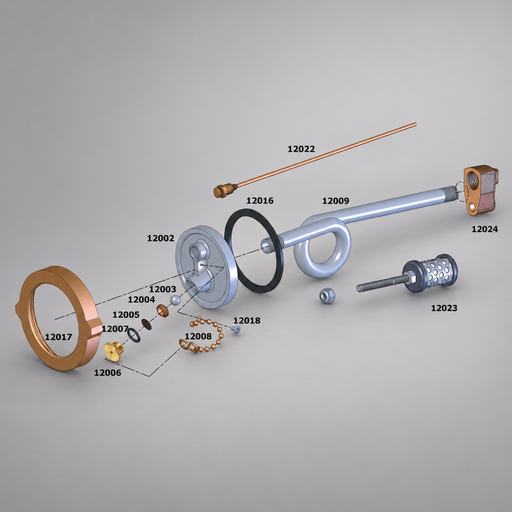 Cascade drip torch replacement parts arranged with identifying part numbers
