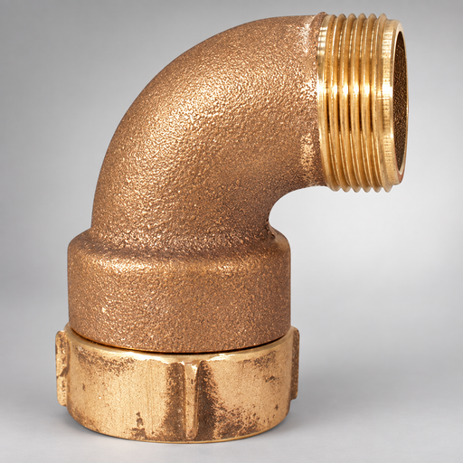 Elkhart Brass 90-degree discharge elbow with female swivel inlet and male hose outlet on light gray background