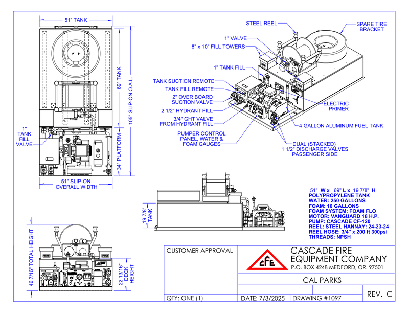 Cascade end-mount slip-on unit technical drawing for a specific 250-gallon build