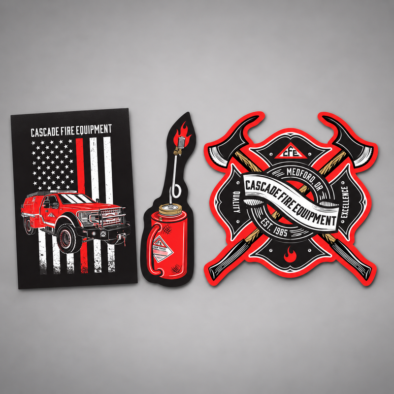Cascade Fire Equipment sticker pack with Thin Red Line Flag, Drip Torch and Maltese Cross designs