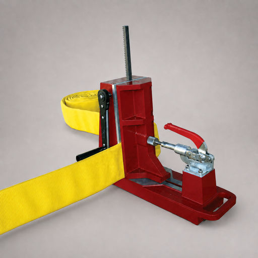 Cascade fire hose cutter with yellow fire hose positioned for cutting