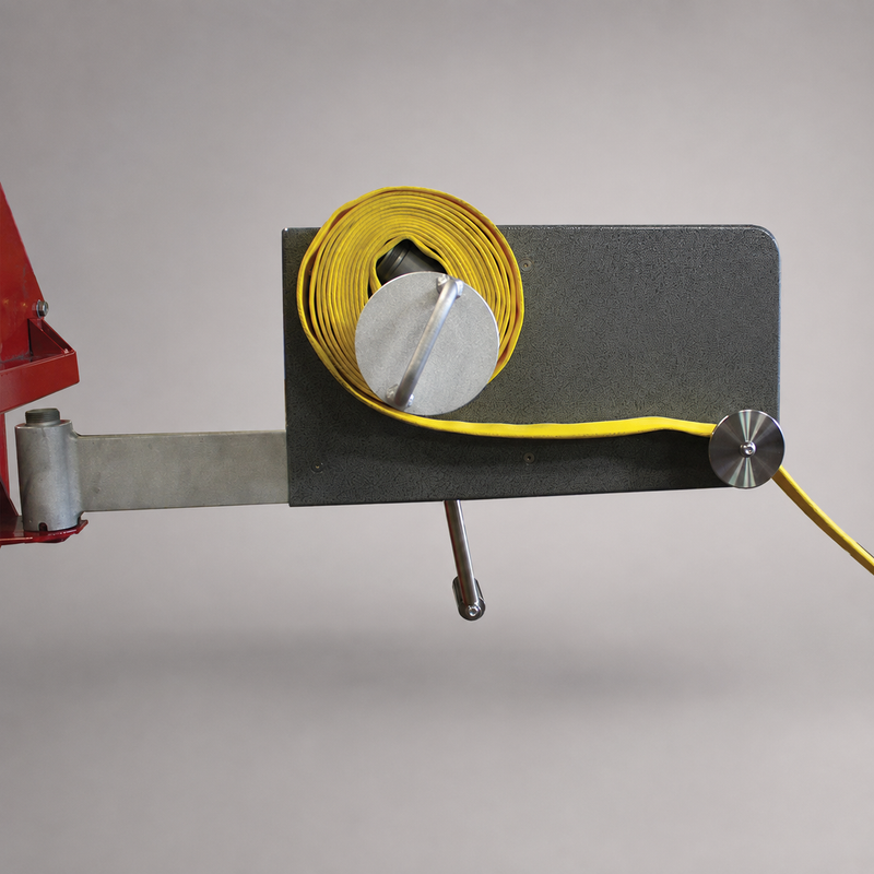 Cascade fire hose roller with crank handle and rolled yellow hose
