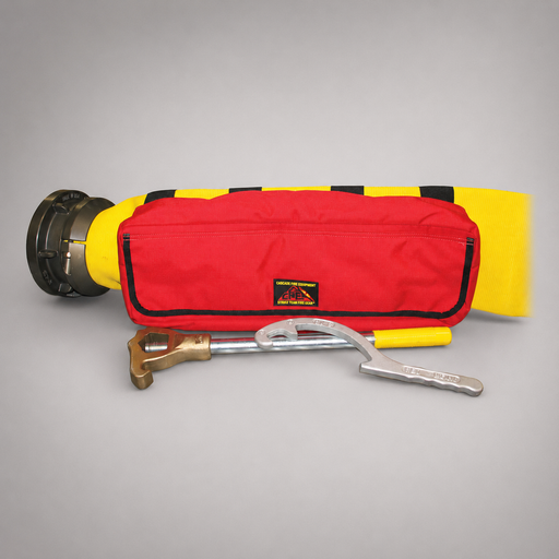 Red Cascade hydrant hose tool bag mounted over yellow fire hose with example hydrant tools displayed separately
