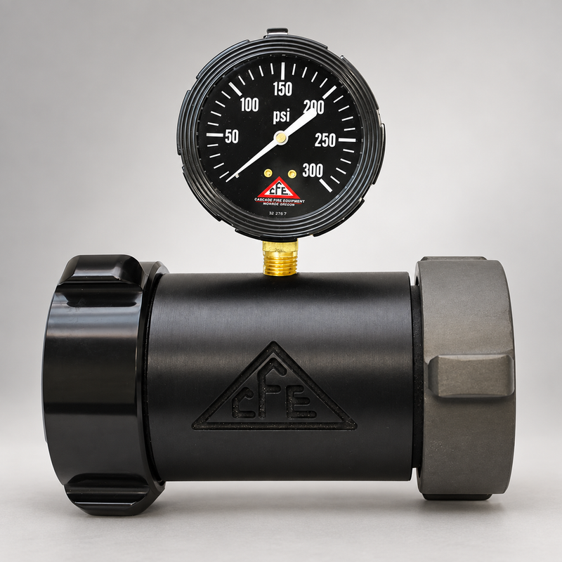 Pump test kit line-gauge assembly with 0–300 psi pressure dial and hose connections on light gray background