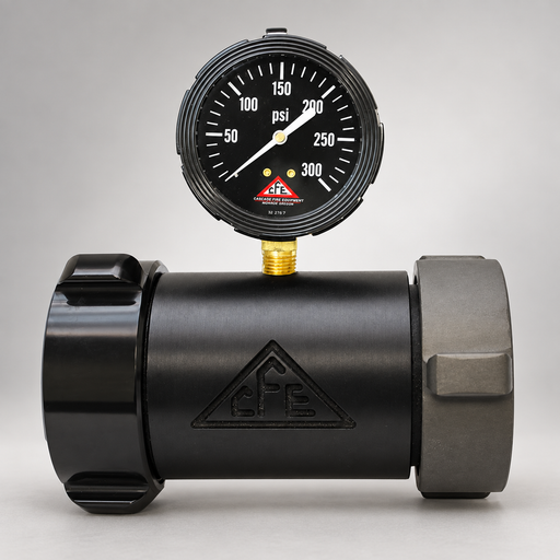 Pump test kit line-gauge assembly with 0–300 psi pressure dial and hose connections on light gray background