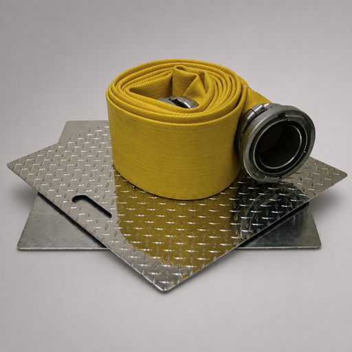 Diamond-plate Cascade LDH turntable holding a roll of yellow large-diameter fire hose