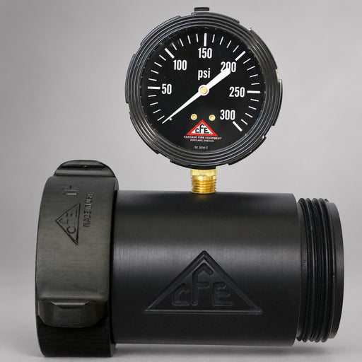 Cascade Fire Equipment 0–300 psi fire hose line gauge with rocker-lug swivel on a warm gray studio background