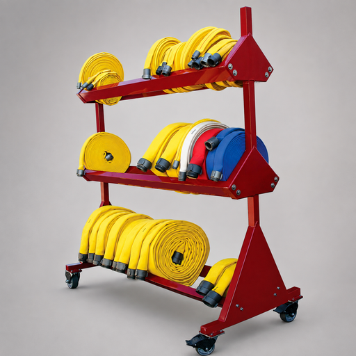 Cascade three-tier mobile fire hose storage rack loaded with rolled fire hose