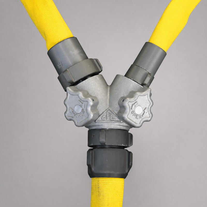 Side view of Cascade aluminum No-Snag fire hose wye